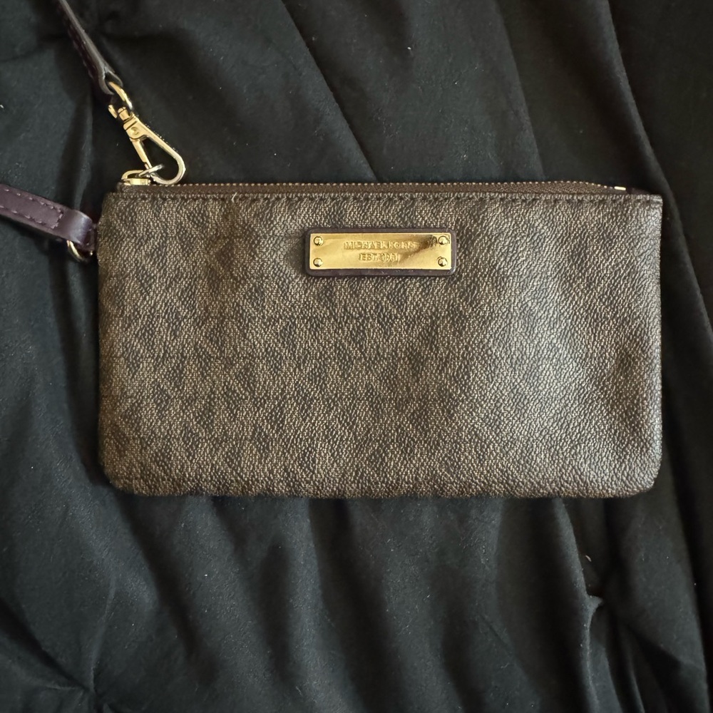 Michael Kors Dark Brown Wristlet with Gold and Plum Accents